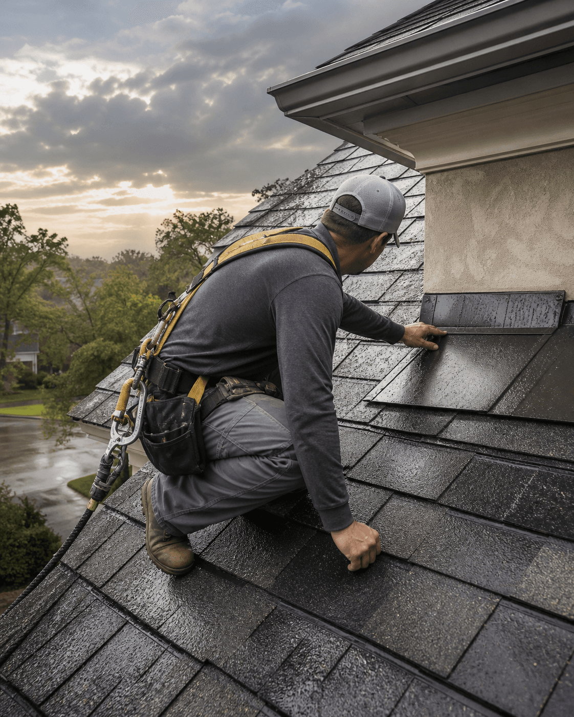 Roofing professional safely inspecting wet shingles and flashing on a Houston home