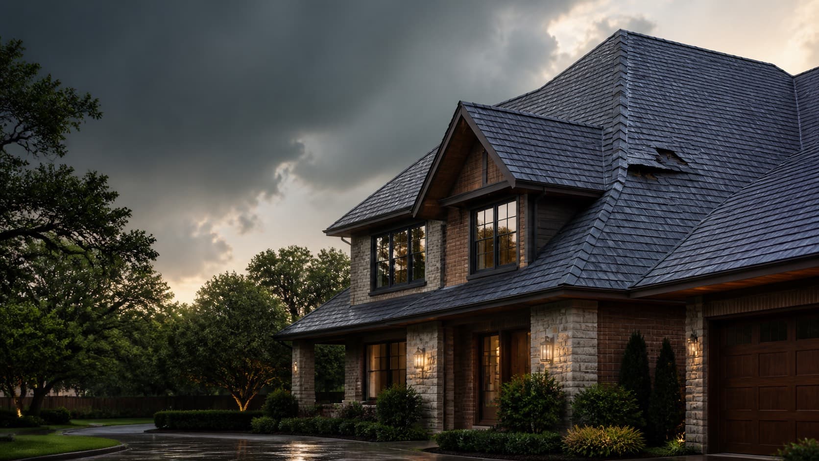 Houston home with a storm-damaged architectural shingle roof after rain
